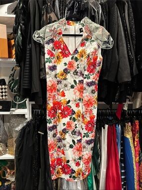 Alexia Admor White Floral Midi Dress with Red, Yellow & Pink Blooms